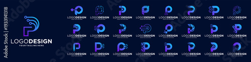 Set of letter P logo design. Symbol of  connect, tech, molecule logo template.