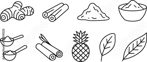 Spices and ingredients line icon set with ginger, cinnamon sticks, flour bowl, sugar scoops, pineapple and herbal leaves