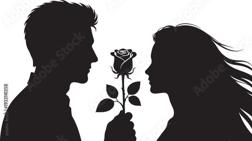 Romantic couple silhouettes facing each other with rose flower, love concept vector illustration