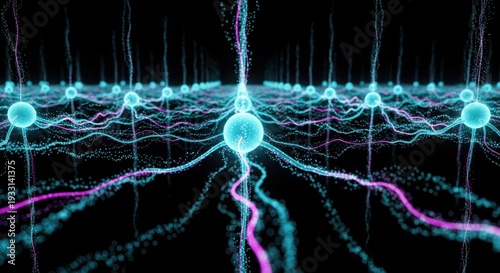Glowing blue and pink neural network connections on black background