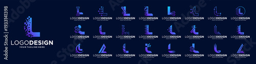 Set of letter L logo design. Symbol of  connect, tech, molecule logo template.
