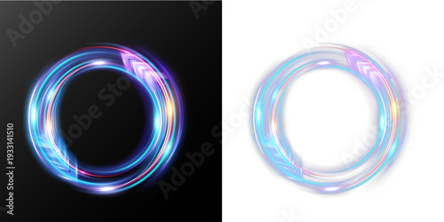 Futuristic circular speed arrow with glowing light trails forming loop, dynamic motion and progress concept isolated on dark background.

