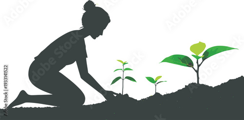 Woman planting young green seedlings in soil, environmental conservation silhouette vector illustration