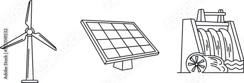 Renewable energy sources including wind turbine solar panel and hydroelectric dam