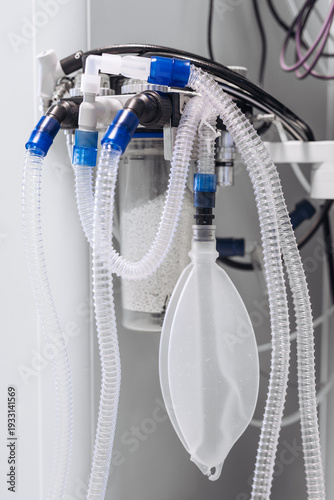 Vászonkép Medical equipment with transparent tubing and connectors, featuring a filtration