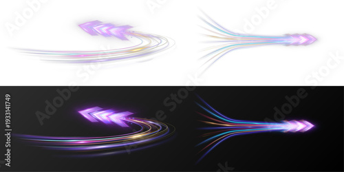 Futuristic speed arrows with glowing light trails isolated on dark background, dynamic motion and acceleration concept.
