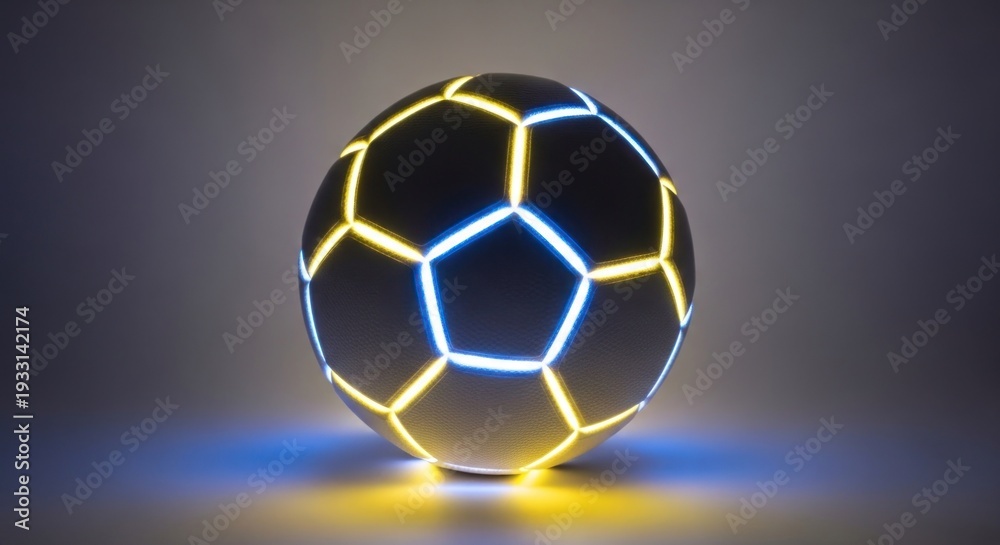 Naklejka premium A futuristic soccer ball glows with yellow and blue neon lines on a gradient background