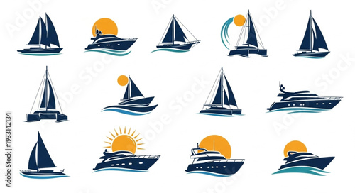 Collection of various sailboat and yacht illustrations with sun and waves.