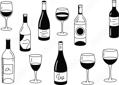Collection of hand drawn black and white wine bottles and elegant wine glasses doodle illustrations isolated on a white background