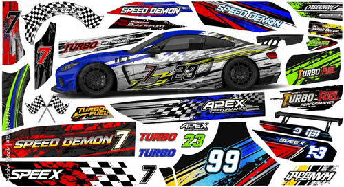 Dynamic racing car design with vibrant graphics and speed-themed decals.