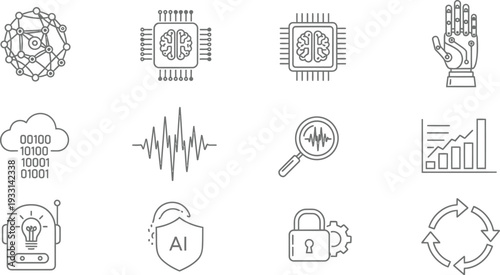 Artificial intelligence and machine learning technology represented through various icons