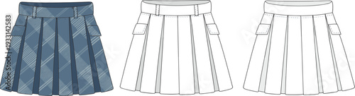 Three Skirts with Different Patterns and Colors Including a Plaid and Two Plain blue white