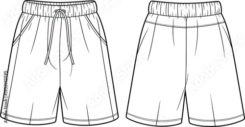Two pairs of white drawstring shorts with elastic waistbands and side seams