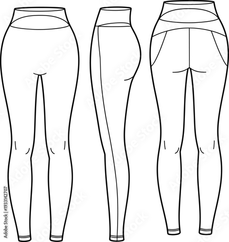 Three Different Styles of Women's Leggings Illustrated in Black and White Line women's clothing line black and white