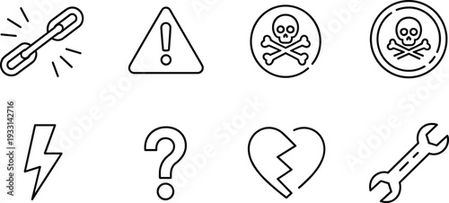 Warning and hazard line icon set, danger symbols outline vector illustration collection for safety alert design