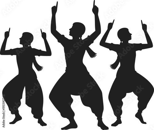 WebDance silhouettes, synchronized movement, cultural routine, expressive posture, traditional gesture, rhythmic coordination, artistic performance, vector illustration, black silhouette, isolated