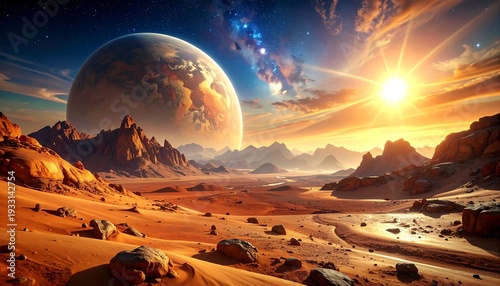 A vibrant cosmic landscape showcases a colossal planet near a setting sun, illuminating rocky terrain. A river stretches through the desolate land