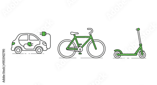 Electric car bicycle and scooter representing eco friendly transportation options