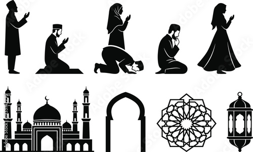 Islamic prayer silhouettes collection, Muslim men and women praying, mosque architecture icons and Ramadan religious vector illustration set