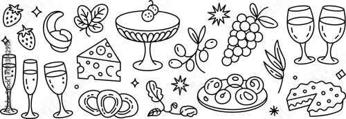 Collection of hand drawn outline wine and cheese party food doodle illustrations including grapes glasses and desserts isolated on white