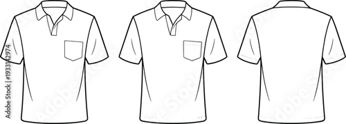 Three White Polo Shirts with Short Sleeves and Pocket on the Left Side Viewed from Front and Back