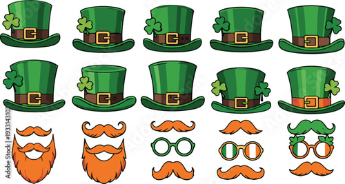 Saint Patricks Day hats beards and mustaches set, Irish leprechaun costume accessories vector illustration collection