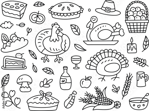 Collection of hand drawn outline Thanksgiving holiday food and autumn harvest doodle illustrations featuring turkey pie corn and apples on white