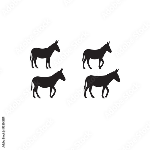 Donkey Silhouette Set Black and White Vector Illustration Donkey Outline Collection Minimal Monochrome Vector Donkey Animal Silhouette Pack Black White Clipart