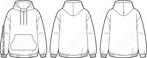 Three Gray Hoodies with Different and Pockets Shown from Front and Back Views clothing fashion front view