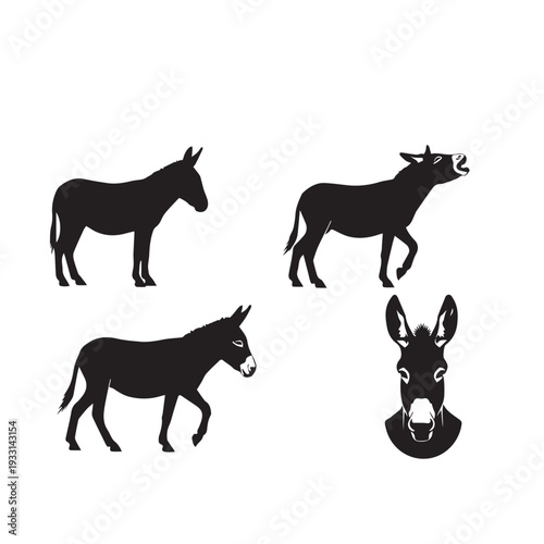 Donkey Silhouette Set Black and White Vector Illustration Donkey Outline Collection Minimal Monochrome Vector Donkey Animal Silhouette Pack Black White Clipart