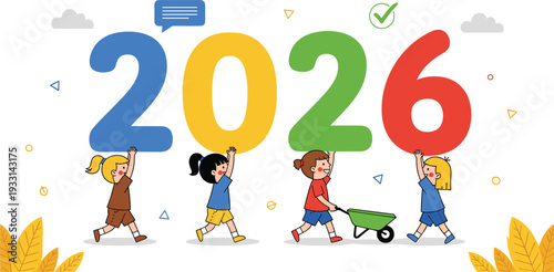  Back to School 2026 Banner with Happy Children Walking and Colorful Numbers Vector Illustration