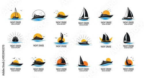 Collection of sailboat illustrations with sun and water elements, perfect for nautical designs.
