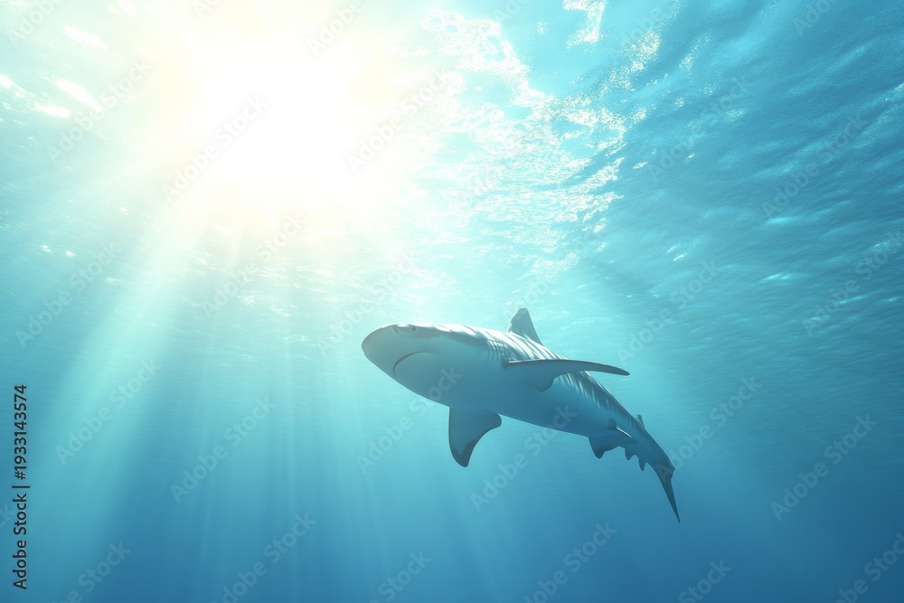 Obraz premium Tranquil ocean scene featuring a shark swimming under sunlit waters