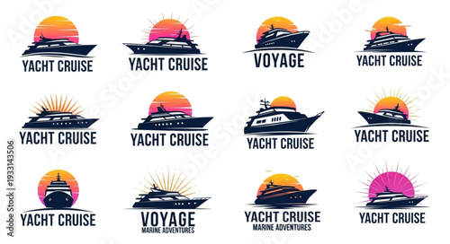 Collection of yacht cruise logos with sunset and ocean views for travel and leisure.