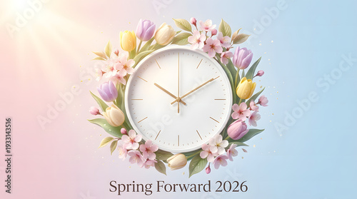Spring Forward 2026 concept featuring  white clock with blooming cherry blossoms, fresh pastel tulips, and soft green leaves arranged in a circular wreath composition