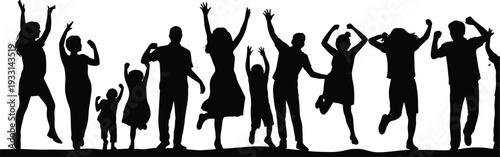 WebFamily silhouettes, joyful celebration, children jumping, adults standing, expressive posture, unity gesture, happiness theme, vector illustration, black silhouette, isolated