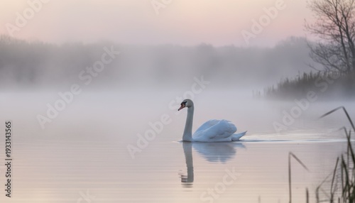 A Graceful White Swan Gliding on a Misty Lake at Dawn with Its Neck Outstretched