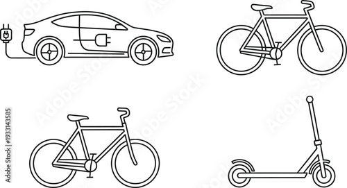 Electric vehicles and bicycles illustrated in a simple line art style