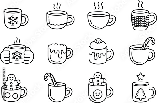 Winter hot beverage line icon set with coffee mugs, cocoa cups, candy cane and gingerbread festive outline vector collection