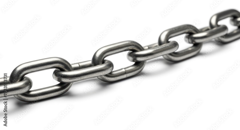 Fototapeta premium Close-up of a metal chain against a white background, highlighting its links and texture