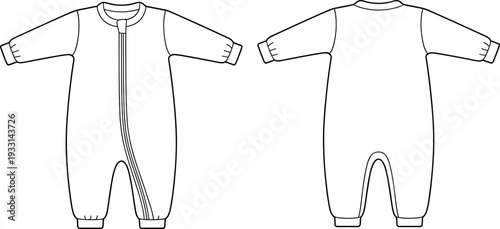 White baby onesie with front zipper and leg openings shown from front and back views clothing