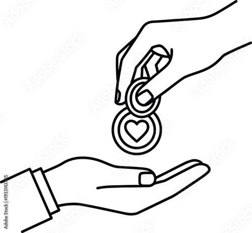 Hand holding coins with heart symbol being placed into another hand