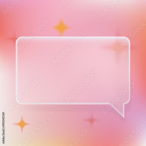 3d glass morphism chat bubble UI element with transparent blur effect and soft pink tones