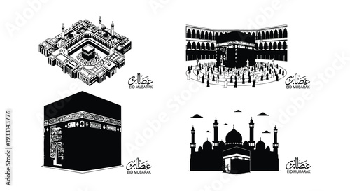 Illustrations of the kaaba and mosque al haram with eid mubarak greetings