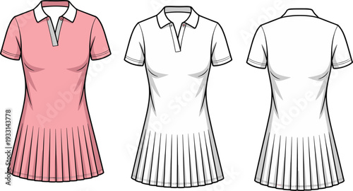 Three views of a short-sleeved pleated dress with a polo collar in pink and white short sleeves pleated skirt