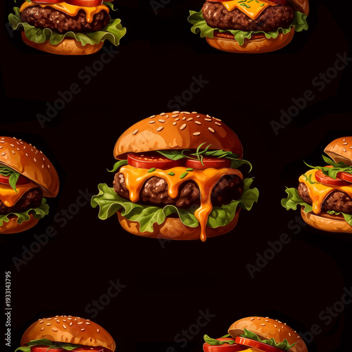 Seamless fast food background with juicy burgers and melted cheese. High-detail digital illustration of classic hamburger ingredients on dark backdrop, ideal for branding and food design.