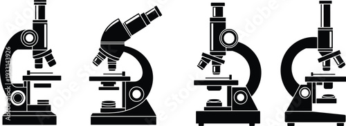 Black microscope silhouettes and laboratory equipment vector set for science, biology, medical research and educational design