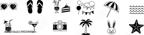 Summer Vacation Icons Set Including Sunglasses Flip Flops Cocktail Camera Palm Tree and Beach Symbols Vector