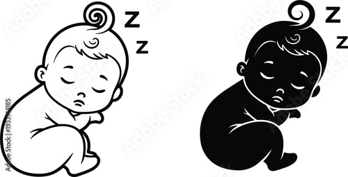  Sleeping Baby Icon Set with Outline and Silhouette Infant Nap Vector Illustration
