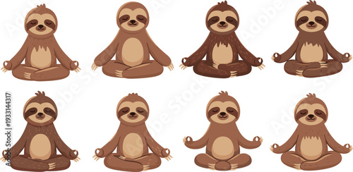 Cute Sloth Character Mascot Set Practicing Yoga and Meditation in Lotus Pose for Wellness, Mental Health, Mindfulness, and Relaxation Themed Digital Graphic Designs